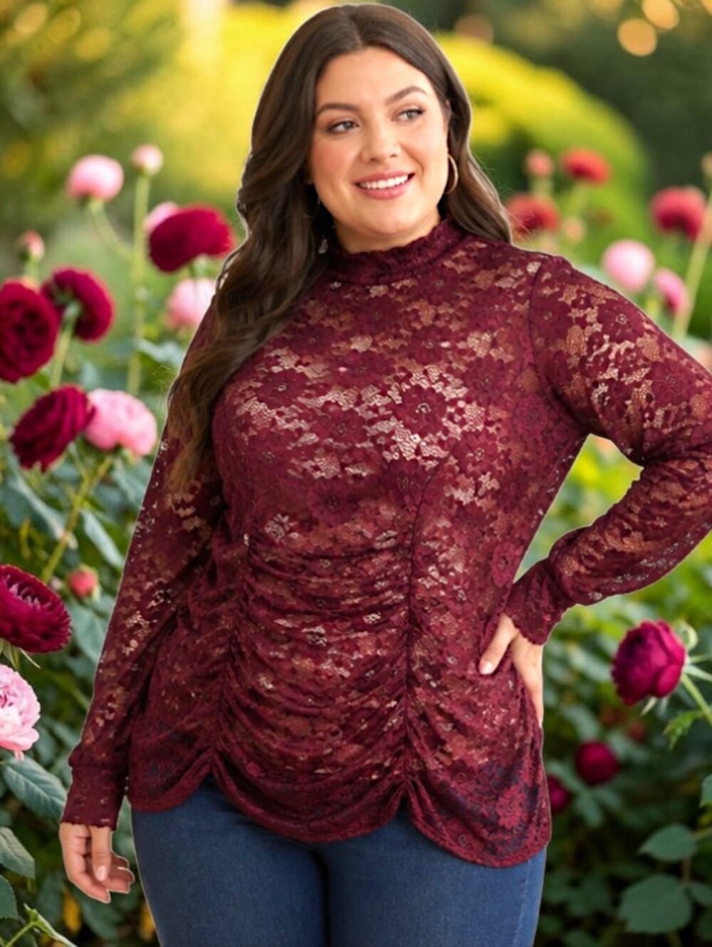 Jolie & Joy Sheer Lace Blouse Plus Sz 3X Balloon Sleeves Whimsigoth Romantic Red